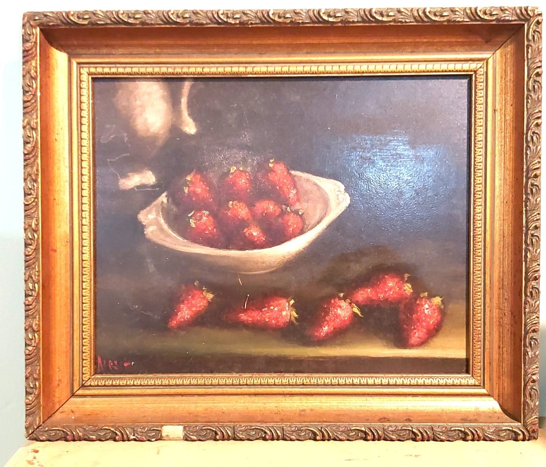 oil painting on Board HERSCHEL Bowl Of Strawberries 19th Century: Great looking piece. Looks to be signed Herschel. Definitely fine quality painting. Measures approximately 11 x 12 " overall. Shipping charges include insurance. BID WITH CONFIDENCE AS ALL ITEMS ARE G