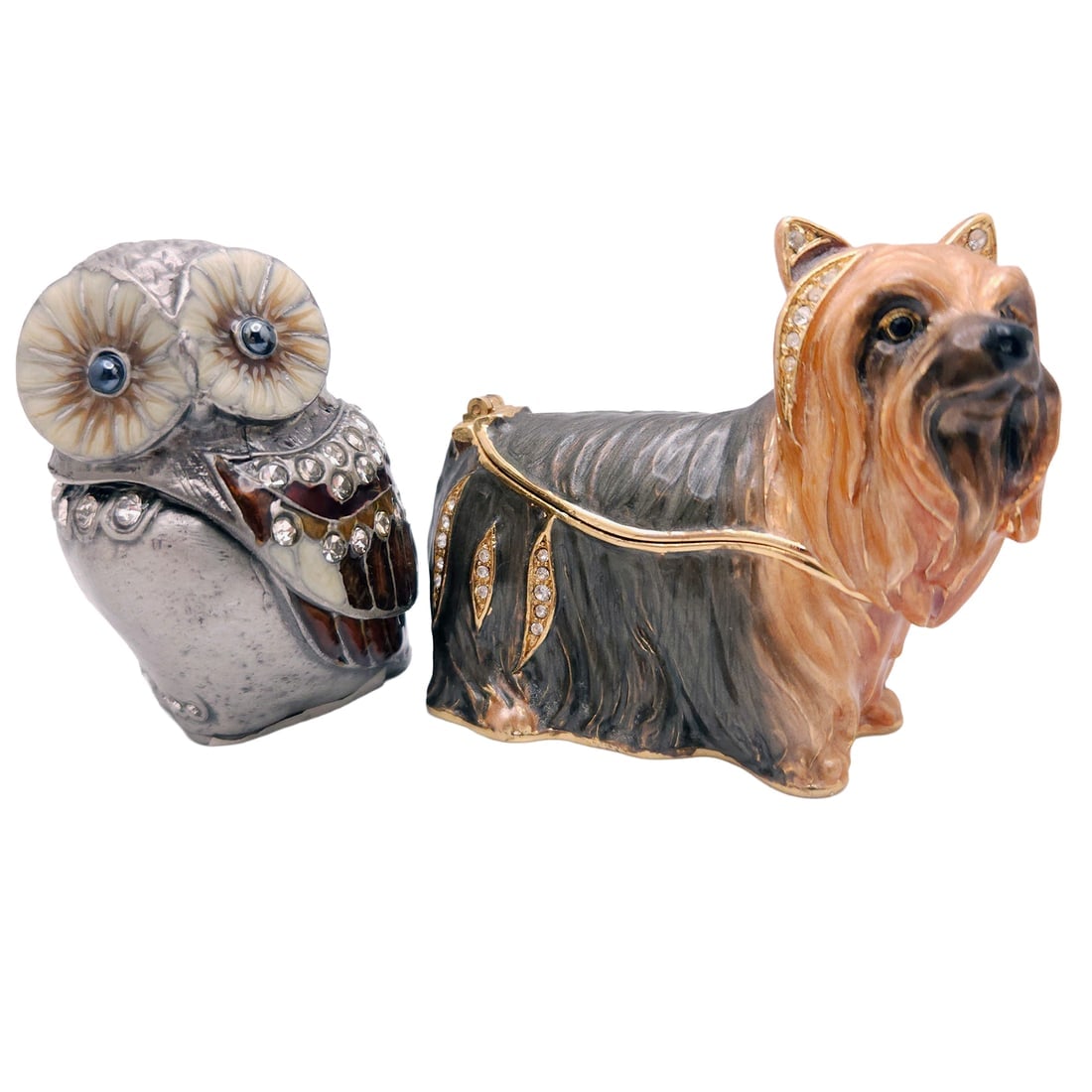 Pair of Bejeweled Enamel Trinket Boxes Owl and Yorkshire Terrier (1 of 8)