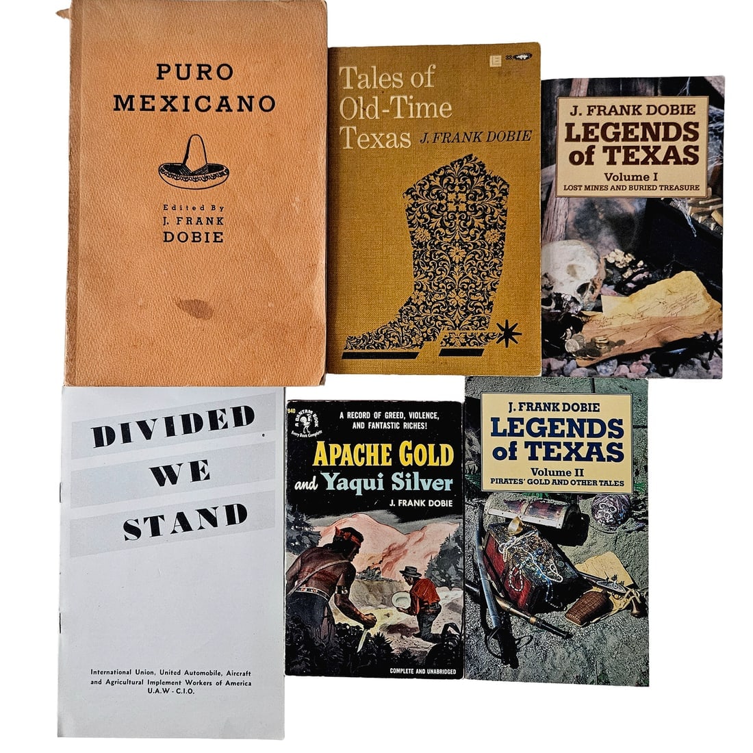 J Frank Dobie Legends of Texas, Puro Mexicano & Apache Gold Softcover Book Lot (1 of 6)