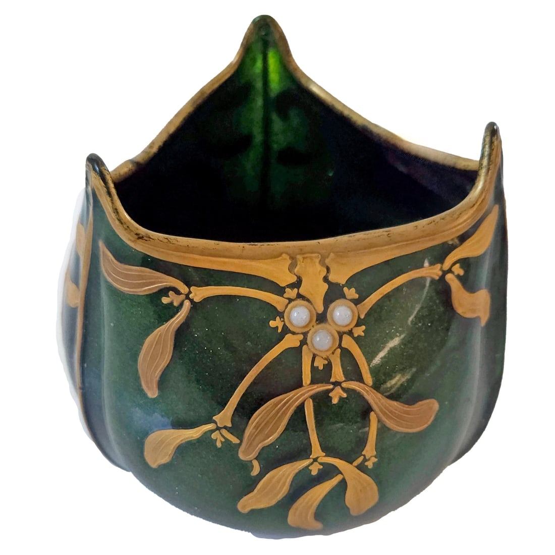 Art Nouveau Mont Joye Mistletoe Decorated hand-enameled Vase - Very Rare Bowl: Title: Art Nouveau Mont Joye Mistletoe Decorated hand-enameled Vase - Very Rare BowlDescription: Mont Joye (Legras & Cie) Art Nouveau Green Aventurine Glass Vase or Bowl circa 1890-1920. Green glass