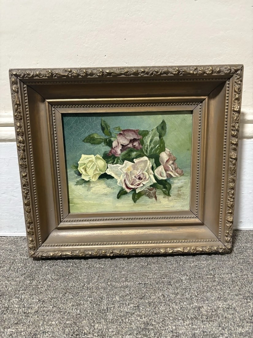 American School Still Life Oil On Canvas Painting: The frame measures 15 1/3” x 13 5/8” and the canvas measures 10” x 8”. It dates around 1900. It is being sold as is Shipping: Domestic: Flat-rate of $20.00 to anywhere wit