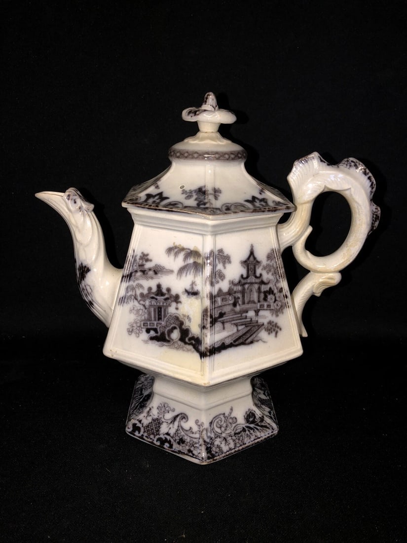 Hong Mulberry Cockscomb Teapot: It measures 10” x 9 7/8” and is the Hong pattern that dates around the 1850’s. It has a chip on the lid, the finial has been regulated and the pot has a tiny repair. Otherwise it has