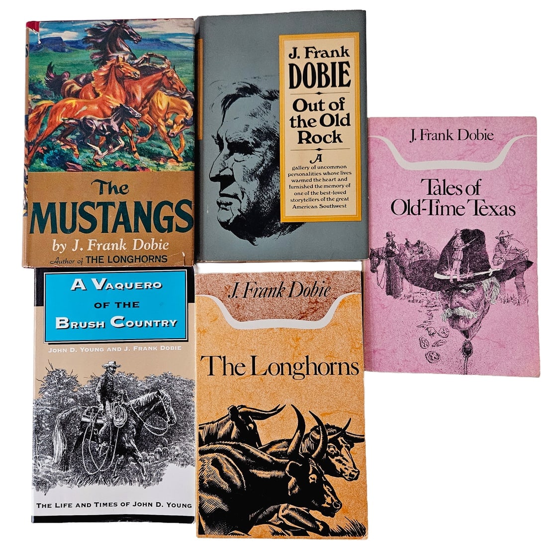 J Frank Dobie Classic Book Set: Title: J Frank Dobie Classic Book SetDescription: A Vaquero of Brush Country PB 1998 Tales of Old-Time Texans 1984 PB Out of Old Rock HC DJ BCE 1972 The Mustangs 1952 2nd Printing HC DJ The