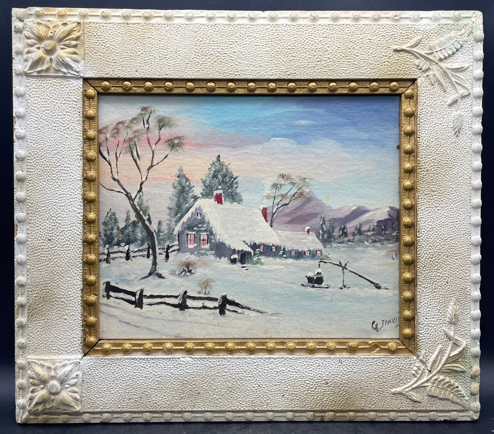 Original Signed G. Davis Folk Art Painting Winter Landscape Exquisite Frame 17": Date/Period: UNKNOWN Dimension: Framed size Approx. 17 x 15" Material: MIXED MATERIALS Additional Information: Original Signed G. Davis Folk Art Painting Winter Landscape Shipping: Domestic: Flat-rate