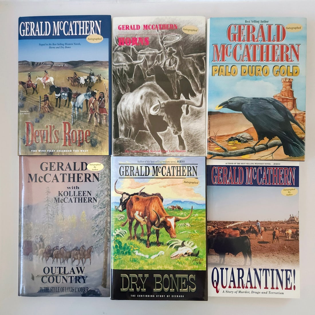 Gerald McCathern Signed Hard Cover Book Set of 6: Title: Gerald McCathern Signed Hard Cover Book Set of 6 Description: All but Quarantine! are hard cover Horns 2003 Third Printing Inscribed 8-8-2006 Dry Bones 2006 Third Printing Devils Rope 2003 Seco