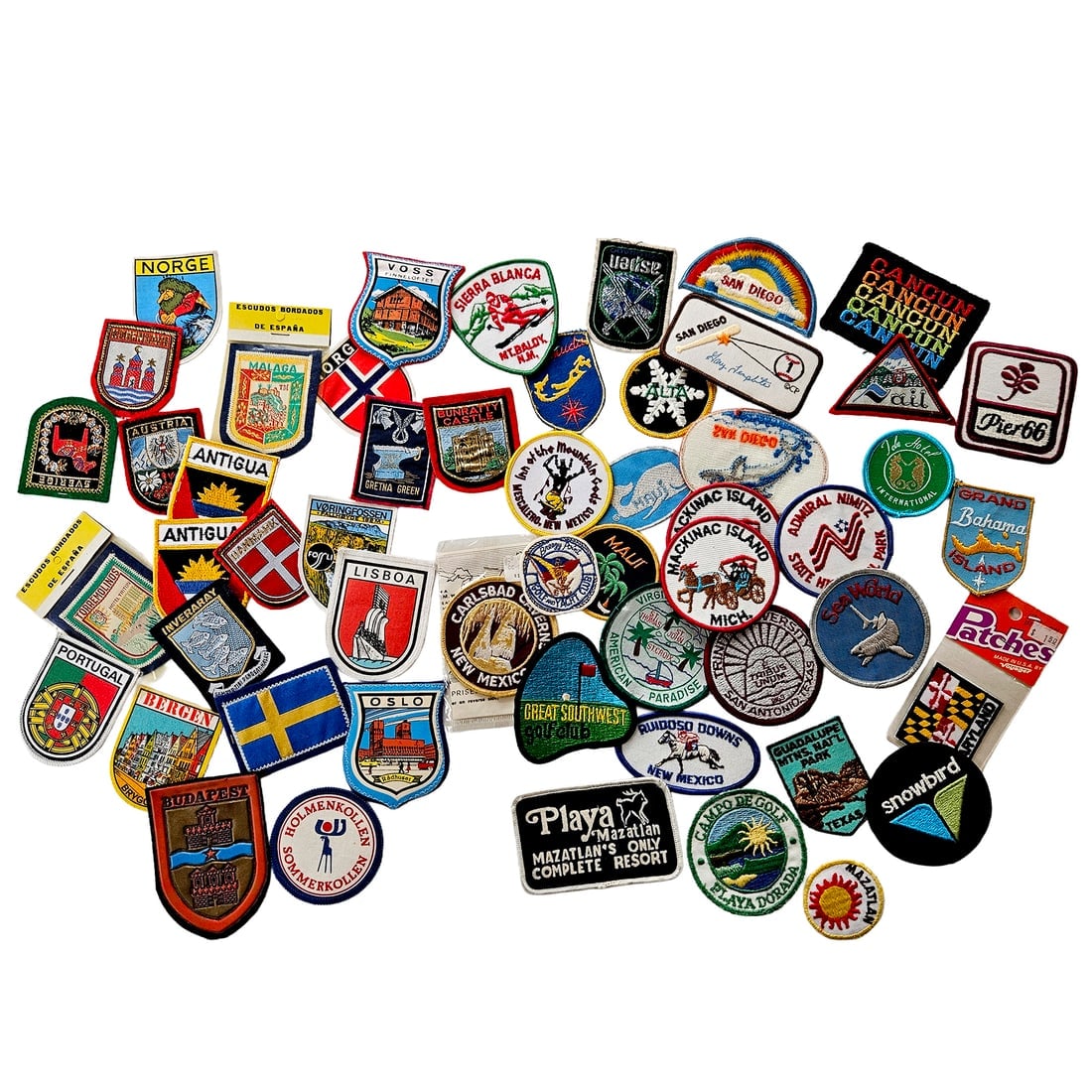 Large Collection of Vintage Embroidered Patches Travel Souvenir from both Hemispheres: Title: Large Collection of Vintage Embroidered Patches Travel Souvenir from both HemispheresDescription: Includes Spain, Norway, Austria, Portugal, Scotland (Inveraray, Gretna Green), the Bahamas,