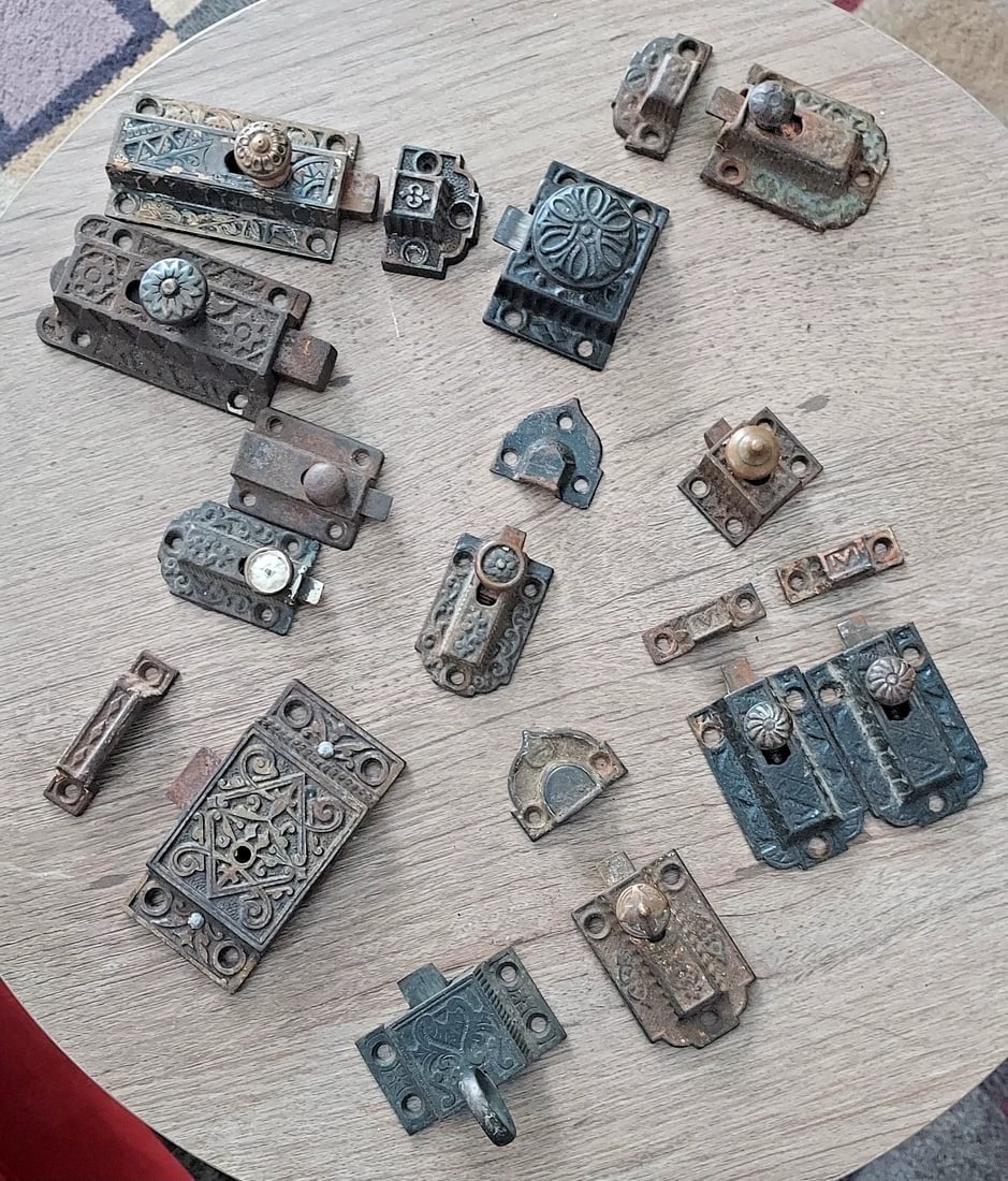Antique Cabinet hardware Latch Dead Bolt 20 Pieces rare: Great looking rare pieces. Usually missing female end of piece. I HAVE never seen deadbolts. Mostly iron. Date to 1880-1910 period. Measures approximately 1 x 3 to 1 1/2 x 3 1/2. Shipping costs