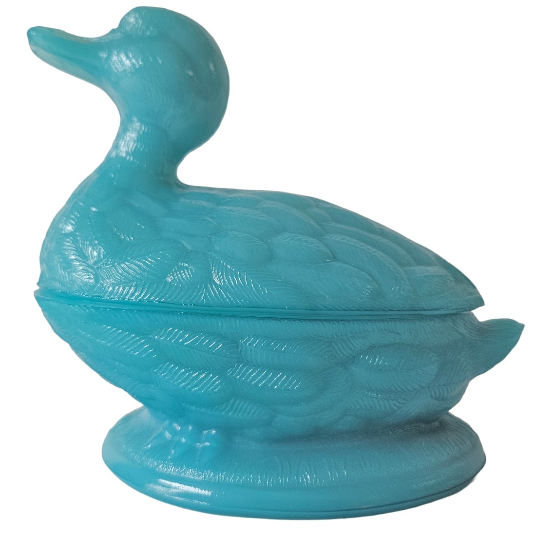 Portieux Vallerysthal Blue Opaline Milk Glass Swimming Duck Dish: Title: Portieux Vallerysthal Blue Opaline Milk Glass Swimming Duck Dish Description: Portieux Vallerysthal Blue Opaline Milk Glass Swimming Duck Dish Made in France, circa 1920 Measures 4.5”x 4.