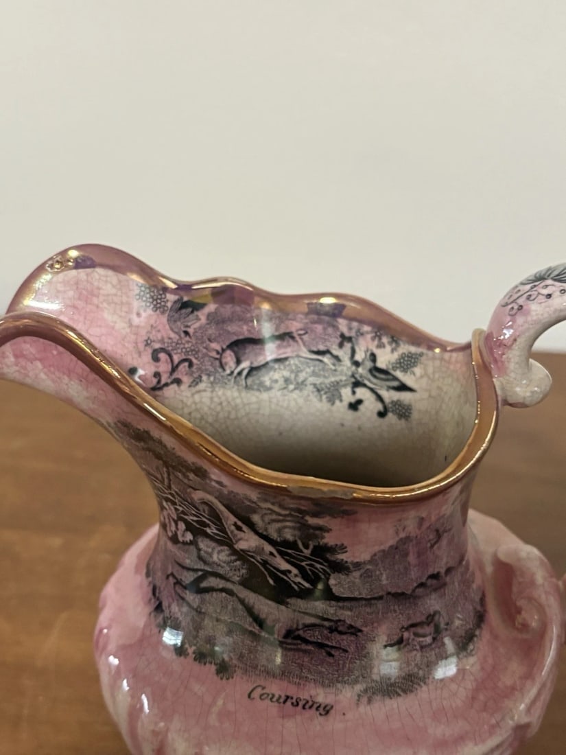 Pink Lustre Staffordshire Pitcher W/ Hunting Scene - 8