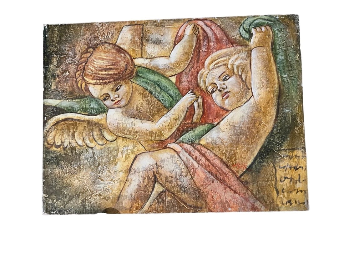 Vintage Original Oil on Canvas Painting Angels & Cherubs 12x16: This vintage oil on canvas painting features cherubs and measures 12x16 inches. The piece is unframed and depicts children and infants in a gray color palette. The painting is an original work and was