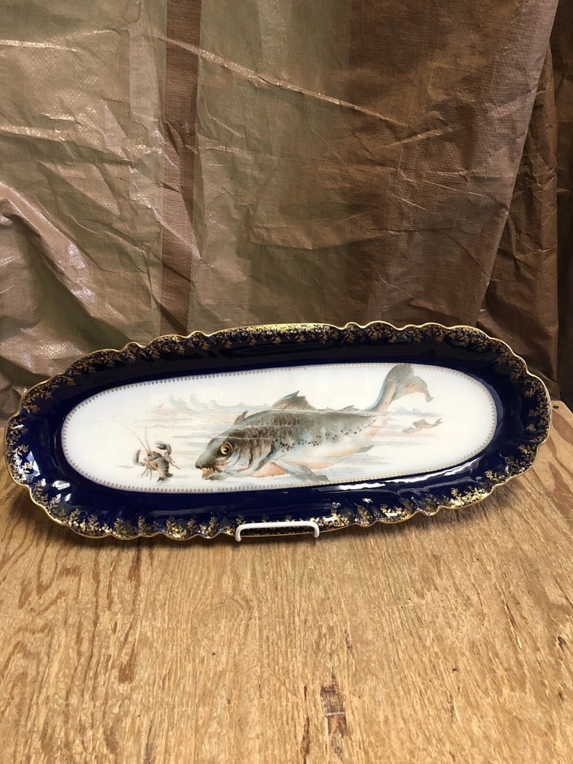 12pc Limoges Porcelain Cobalt Fish Set - 2