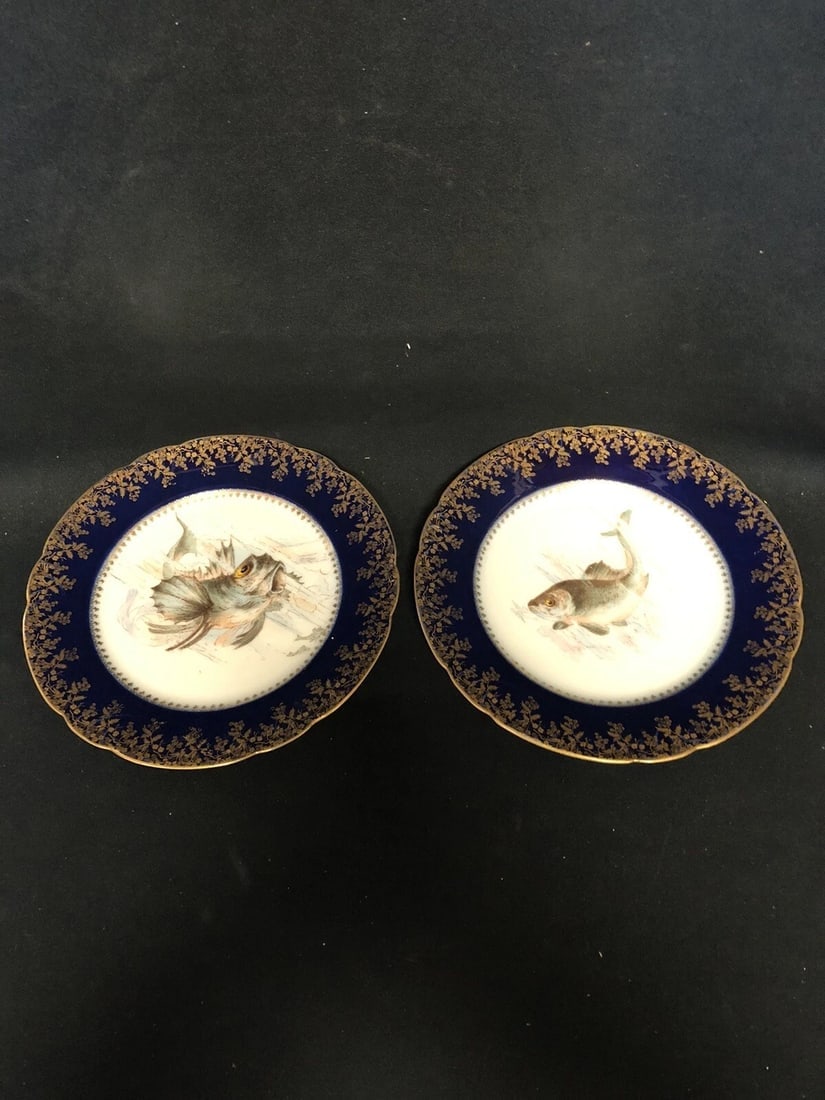 12pc Limoges Porcelain Cobalt Fish Set - 3