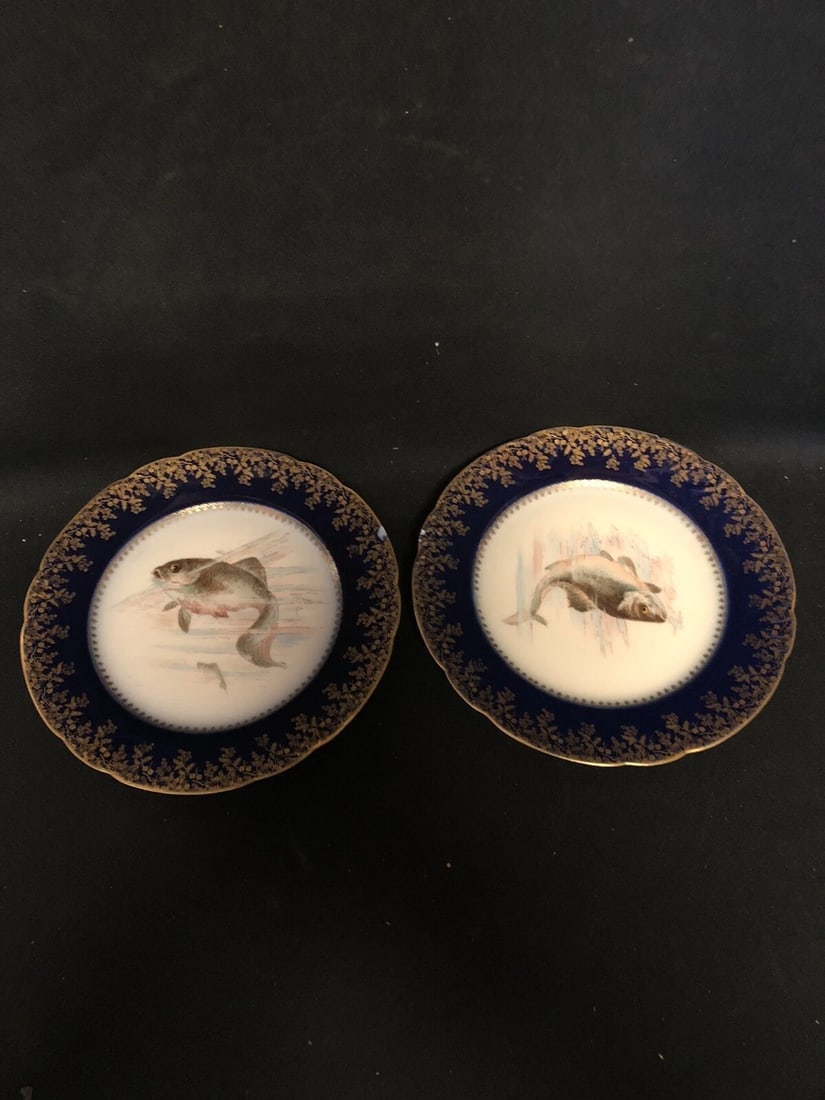 12pc Limoges Porcelain Cobalt Fish Set - 8