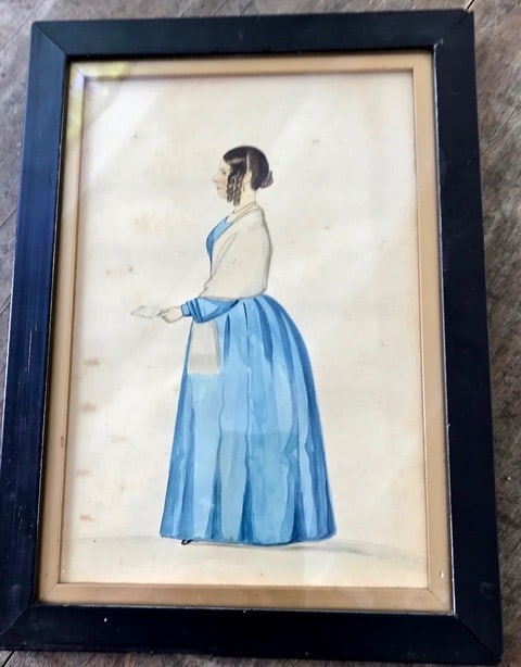 Watercolor of Young Woman w/Curls c1840: A very nice, full-length English Watercolor Drawing of a handsome young woman in a blue dress and shawl holding a book (or perhaps a card). She has wonderful ringlet curls, and her hair is pulled back