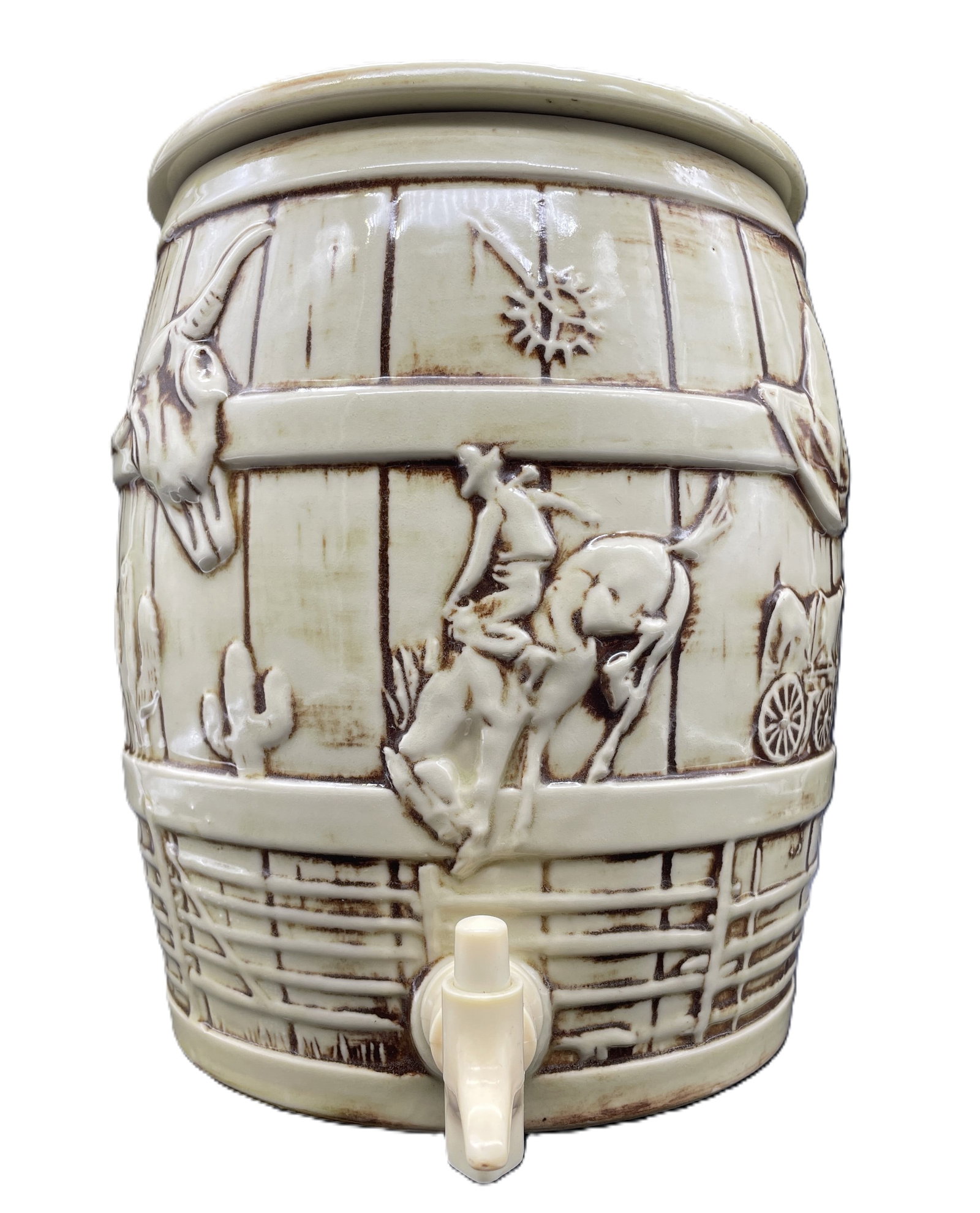 1960 MCCOY EL RANCHO WESTERN DRINK DISPENSER: Date/Period: 1960Dimension: Approx. 10 x 6.5Material: CERAMICAdditional Information: 1960 MCCOY EL RANCHO WESTERN DRINK DISPENSER. THIS WAS PRODUCED IN 1960 FOR GAIL STYN COMPANY. Shipping:Domestic: