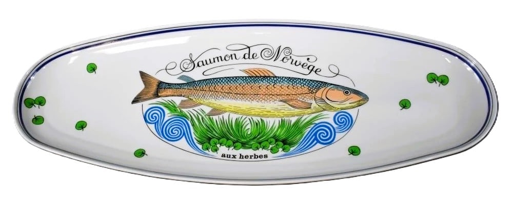 Jacques Lobjoy France LIGNE MARINE Salmon Platter: Date/Period: unknownDimension: Approx 22" long x8.5"Material: ceramicAdditional Information: Jacques Lobjoy Ligne Marine 22" Platter France French Fish Salmon Porcelaine d'Auteuil - Saumon de Norwege
