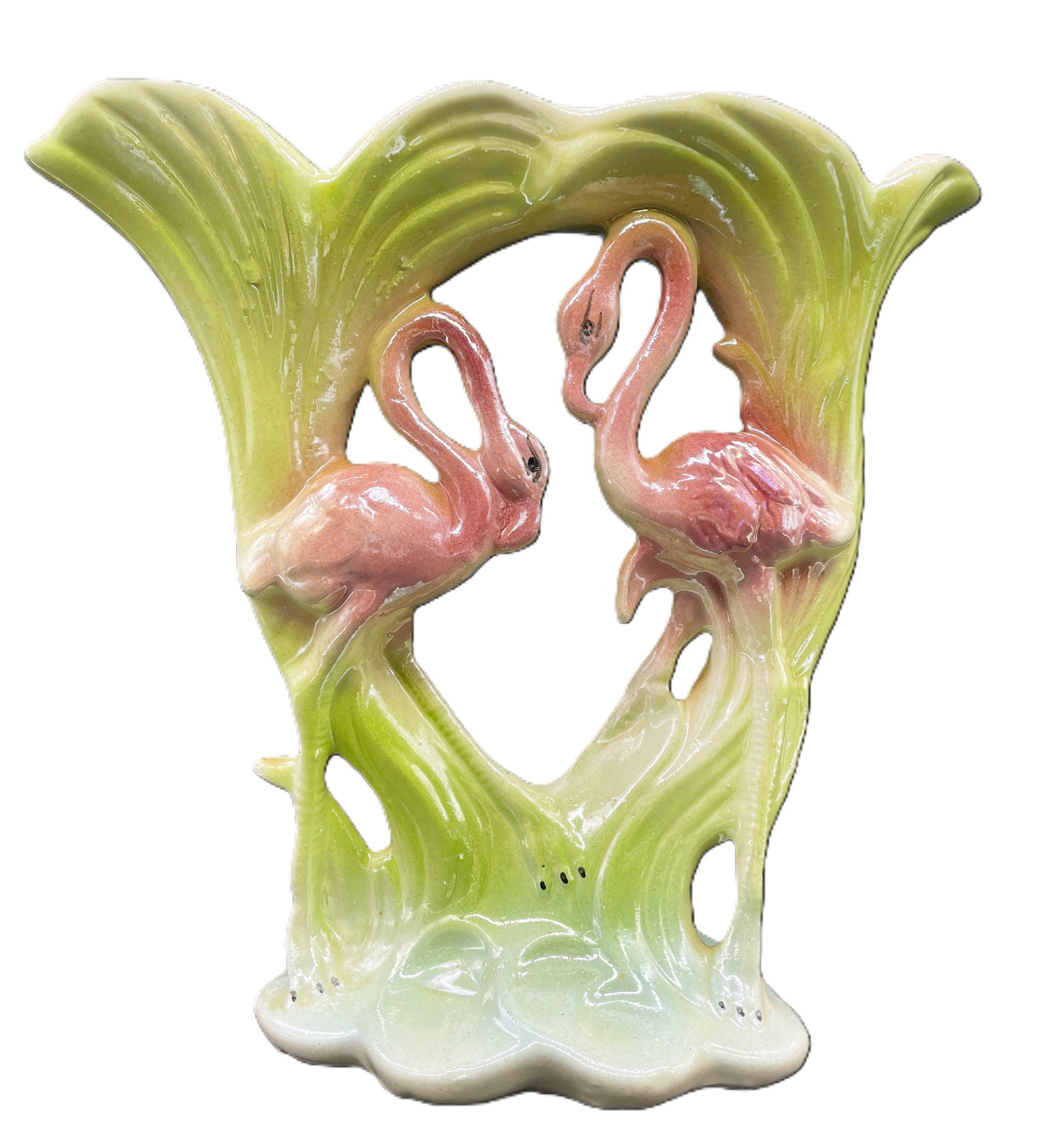 Fab MCM Green & Pink Flamingo Double Vase Hollywood Regency Style: Date/Period: approx 1950-60'sDimension: Approx 11 x 11.5 x 5Material: ceramicAdditional Information: The Fab MCM Green & Pink Flamingo Double Vase is a vintage piece from the 1950s. Made of ceramic