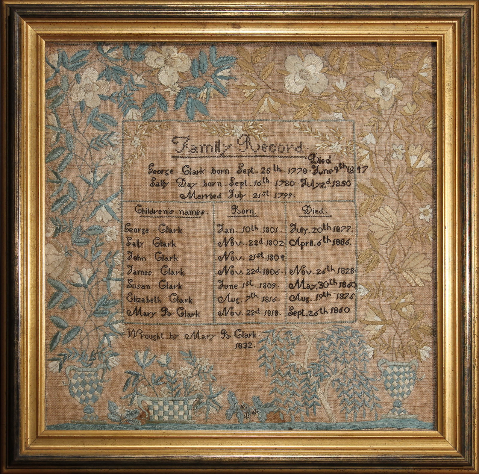 Needlework Sampler Gloucester, Essex County, MA - 1832: The family record information is framed on three sides with an elaborate floral border emanating from two mirror image checkered urns. Accross bottom, between the urns, is a beautiful checkered basket