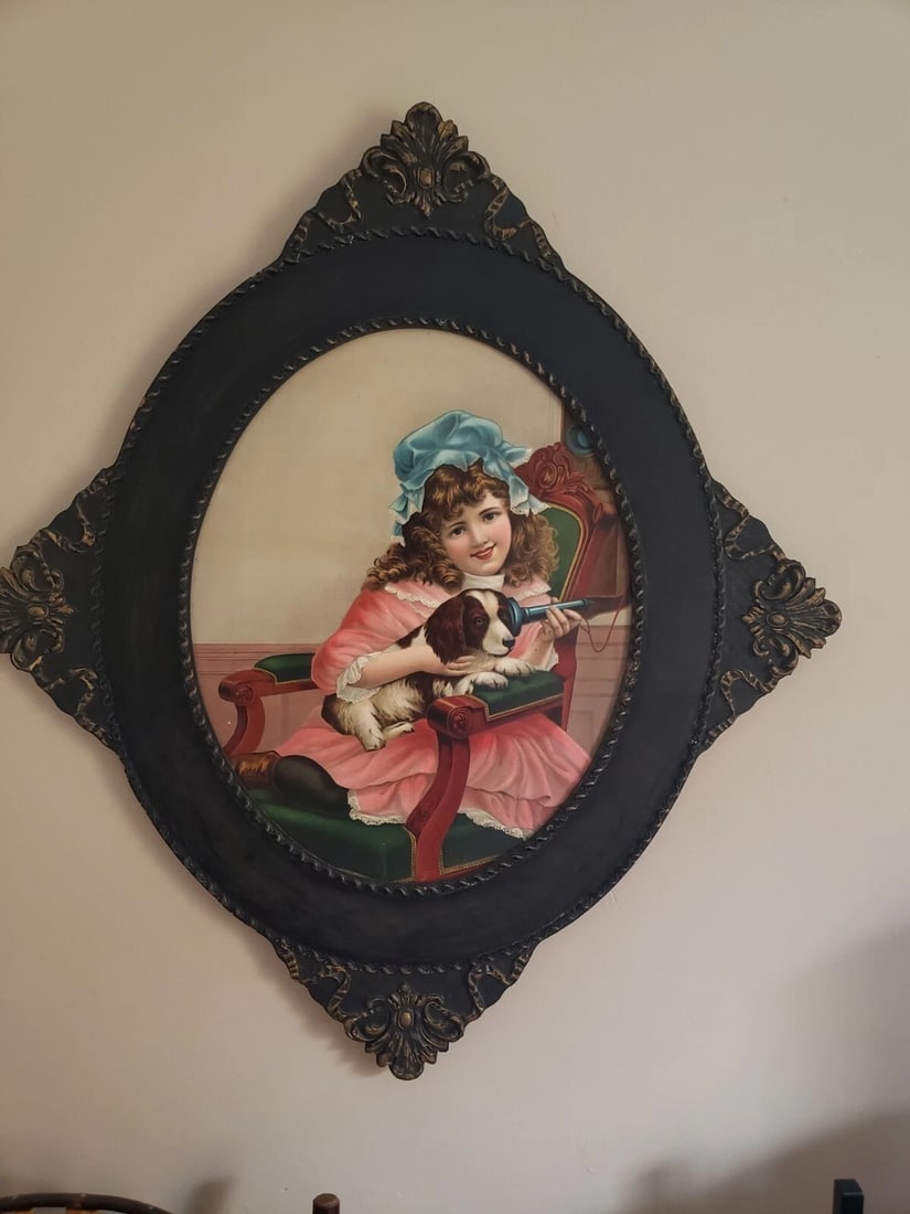 Chrome lithograph on cardboard. Little girl on antique telephone dog in lap: Great looking piece in excellent condition. Might be advertisement dating 1900-1950 Measurement on back. Shipping charges include insurance. BID WITH CONFIDENCE AS ALL ITEMS ARE GUARANTEED TO BE AS DE