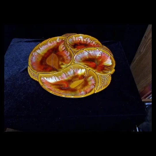 Vintage MCM Maurice California Lava Fire Planter: A striking Vintage Mid-Century Modern Planter by Maurice of California, featuring their iconic 'Lava Fire' drip glaze. The glaze is a vibrant mix of oranges, reds, and blacks, creating a molten effect