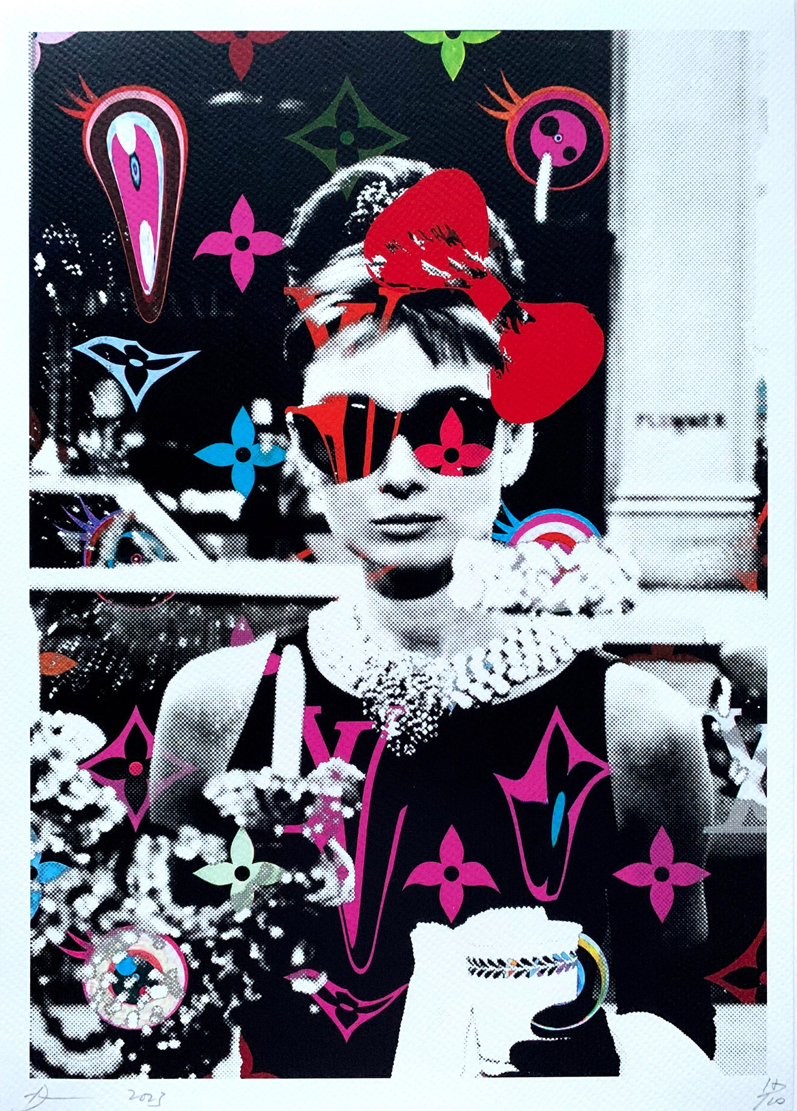 Death NYC Audrey Hepburn Louis Vuitton: Title: Death NYC Audrey Hepburn Louis Vuitton Date/Period:21st Century Date/Period:Giclee on Fine art 300 gsm paper Materials:Giclee on Fine art 300 gsm paper Size:17 3/4 x 12 1/2 inches Description:A