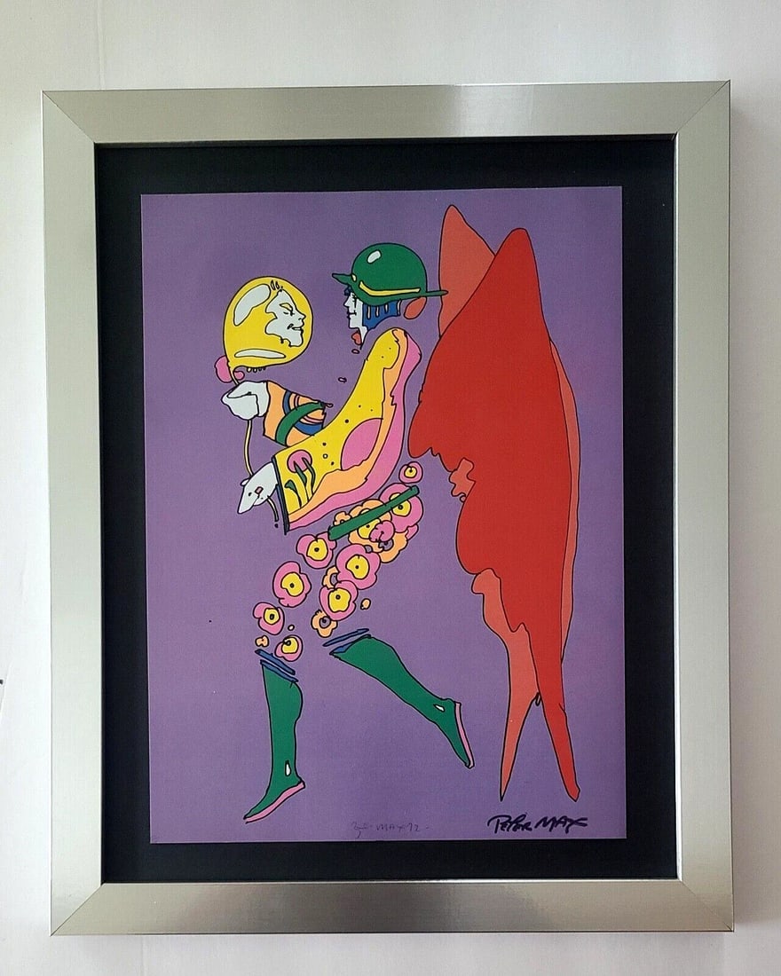 Peter Max | Vintage Print Signed | Mounted & Framed in New Silver: Up for Auction this Beautiful and Scarce Vintage 2001 Offset Lithograph after Peter Max Facsimile Signed Art Print is about 10 X 8 in. This piece is mounted on a 11 x 14 in. black acid free black boar