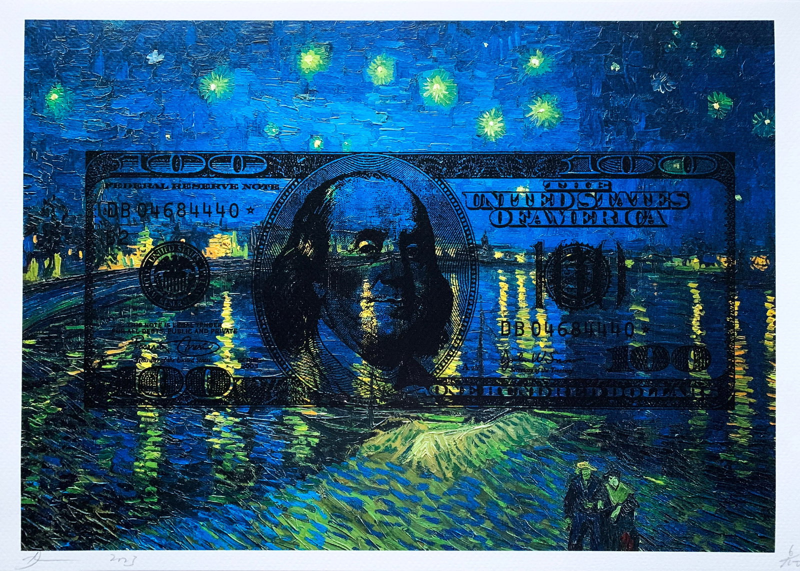 Death NYC Van Gogh 100 dollar bill: Title: Death NYC Van Gogh 100 dollar bill Date/Period:21st Century Date/Period:Giclee on Fine art 300 gsm paper Materials:Giclee on Fine art 300 gsm paper Size:17 3/4 x 12 1/2 inches Description:Artis