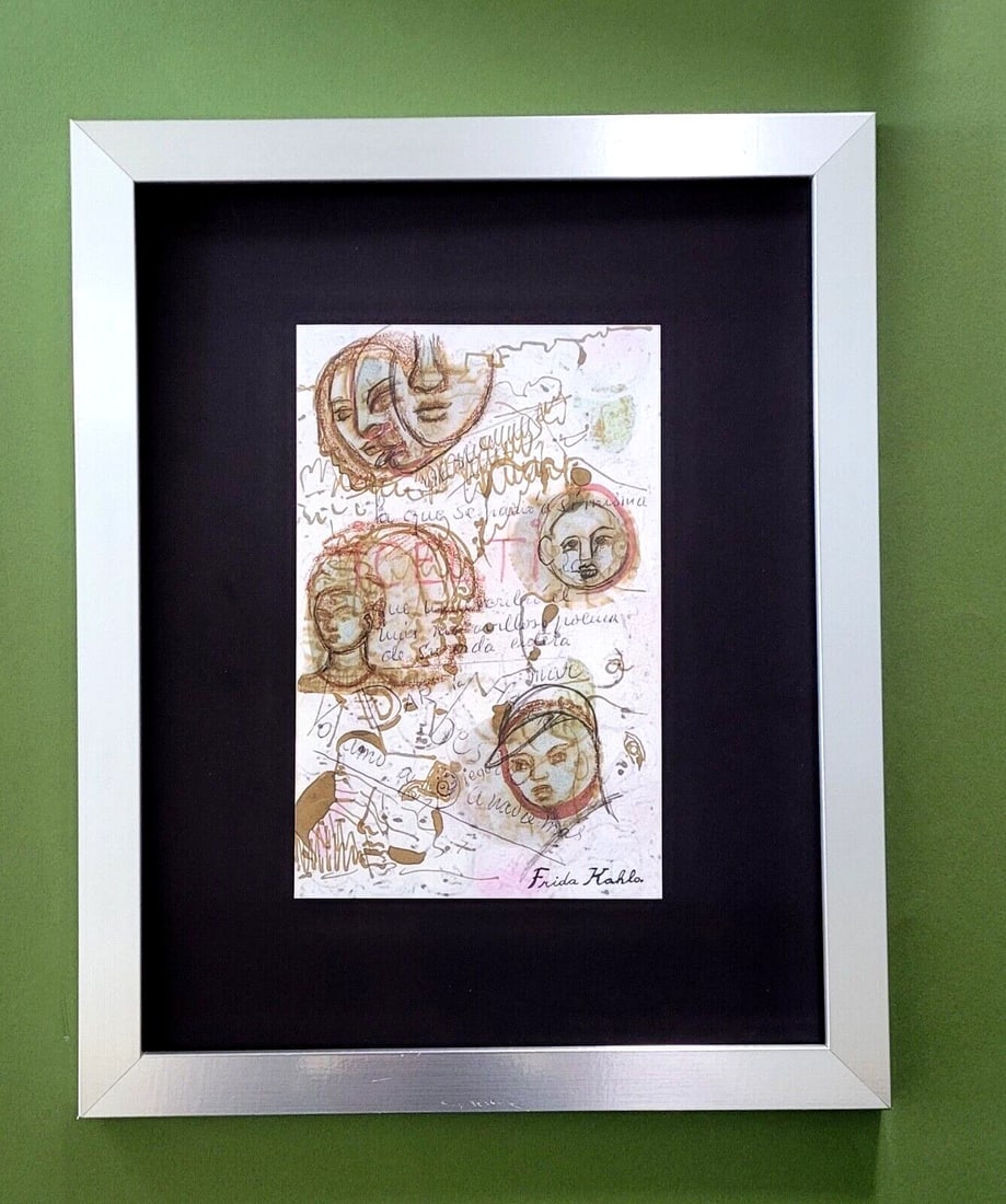 FRIDA KAHLO | Print from Mexico "DRAWING FROM HER DAIRY" + Signed Frida K Framed: We have for Sale this DRAWING PRINT AFTER FRIDA KAHLO "Drawing of her Personal Dairy" Una Nueva Mirada FACSIMILE SIGNED IN INK PRINT IS 9X6 IN. THIS PIECE WAS ACQUIRED AT MUSEO FRIDA KAHLO IN MEXICO