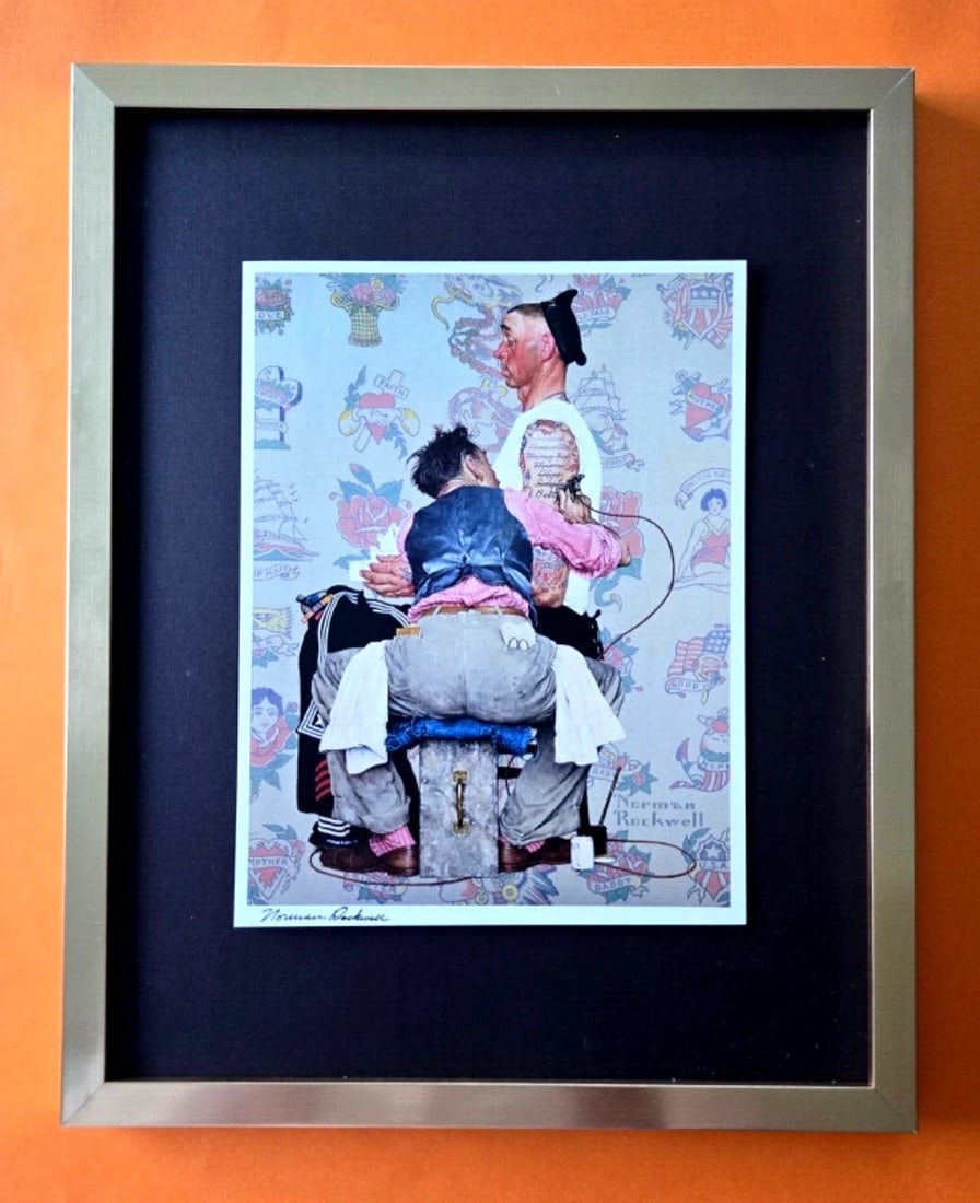 Norman Rockwell Signed 1970s Vintage Print, Mounted & Framed, Americana Art: We have for Sale this Norman Rockwell AWESOME 1970's PRINT FACSIMILE SIGNED IN INK FRAME COVERS AN AREA OF 15 X 12 in PRINT IS MOUNTED OVER A BLACK BOARD AND FRAMED IN BRAND NEW GOLD FRAME 