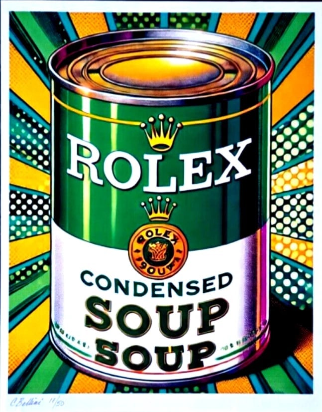 CHIARA BELLINI | ROLEX CONDENSED SOUP Hand Signed Authentic Print with COA: Title:CHIARA BELLINI | ROLEX CONDENSED SOUP Hand Signed Authentic Print with COADescription:In her latest project, Chiara Bellini launched a collection of pop art-inspired soup cans titled Luxury