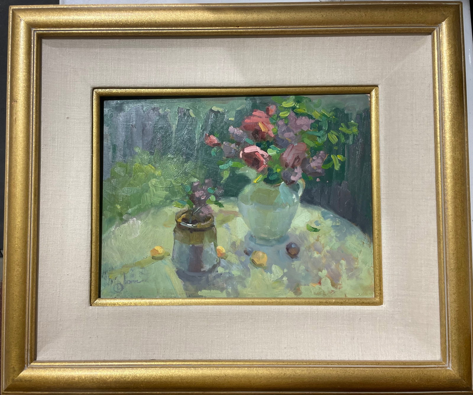 Untitled (Floral Vases): Artist: (c) BornTitle:Untitled (Floral Vases)Description: Purple floral still life. Although the artist of this piece has not been identified. Floral paintings, particularly those with a vintage or