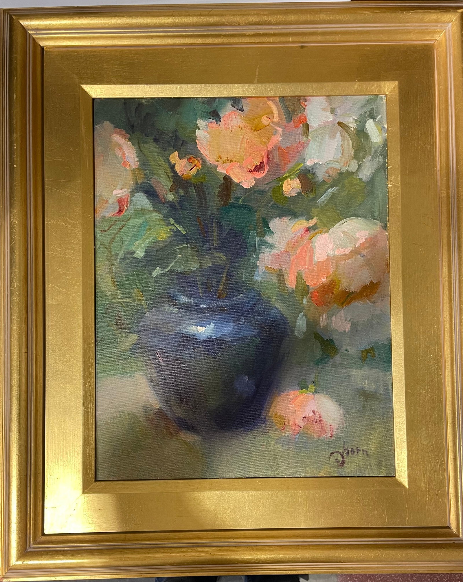 Untitled (Pink Roses): Artist: (c) BornTitle:Untitled (Pink Roses)Description: Pink flowers in blue vase still life. Floral paintings, particularly those with a vintage or antique aesthetic, hold significant value in