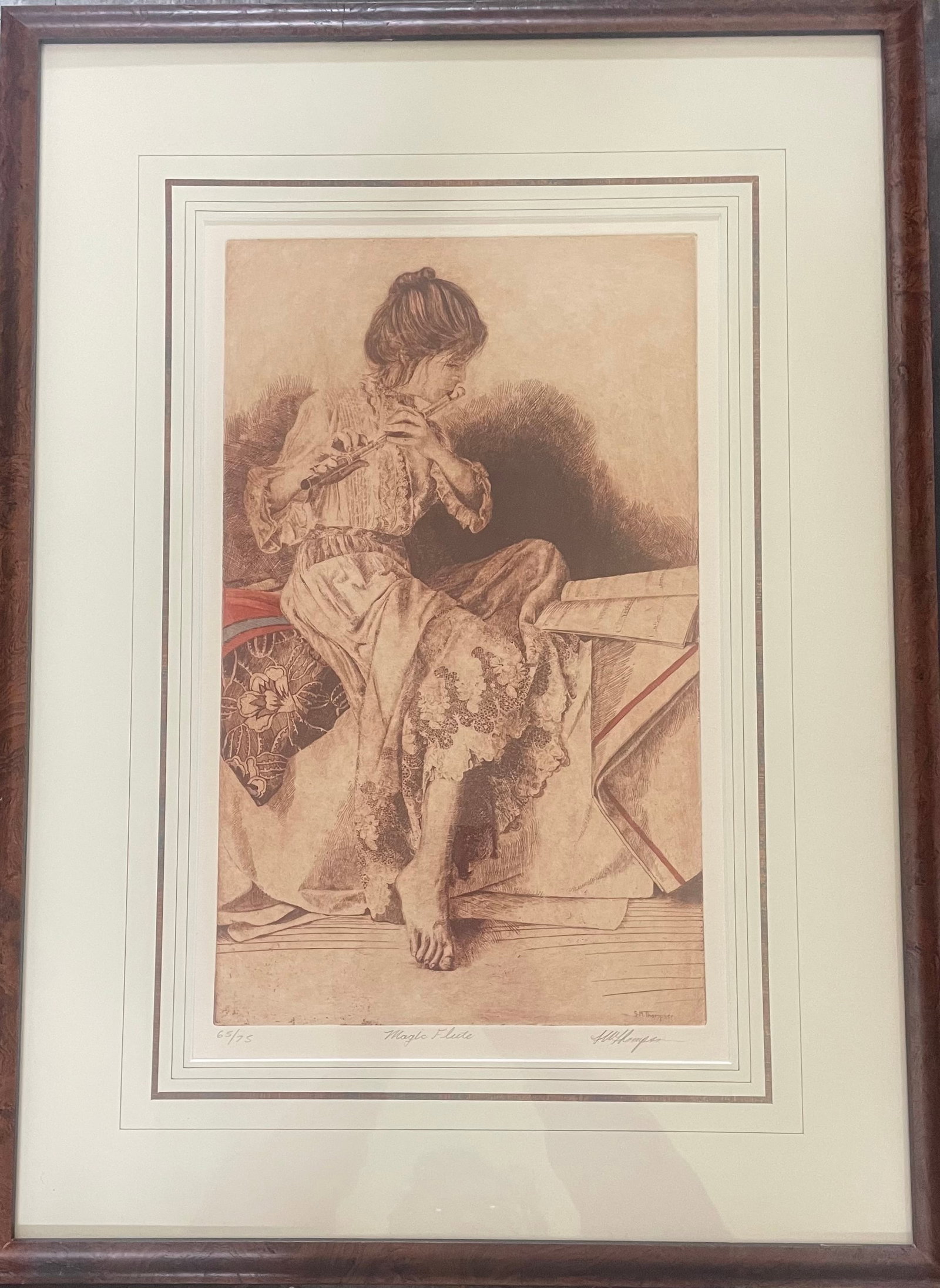 Magic Flute 65/75 under glass: Artist: SM ThompsonTitle:Magic Flute 65/75 under glassDescription: The artist S.M. Thompson is recognized in contemporary art markets for producing limited edition lithographic prints, such as the