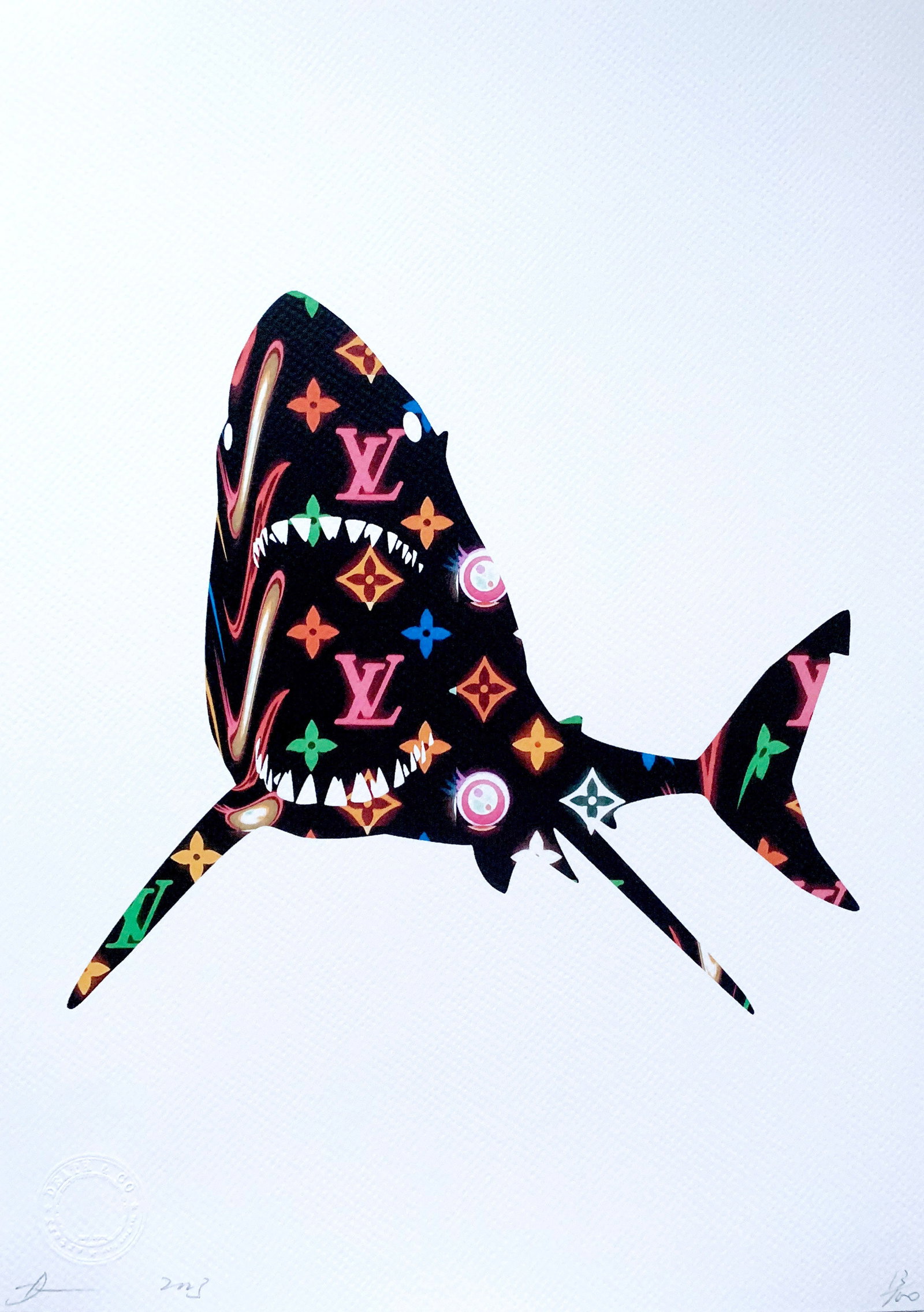 Death NYC Louis Vuitton Shark: Title: Death NYC Louis Vuitton SharkDate/Period:21st CenturyDate/Period:Giclee on Fine art 300 gsm paperMaterials:Giclee on Fine art 300 gsm paperSize:17 3/4 x 12 1/2 inchesDescription:Artist: Death