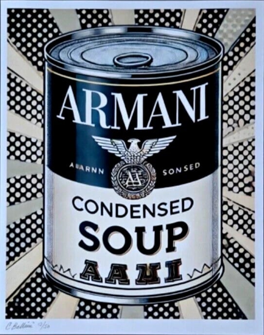 CHIARA BELLINI | ARMANI CONDENSED SOUP Hand Signed Authentic Print with COA: Title:CHIARA BELLINI | ARMANI CONDENSED SOUP Hand Signed Authentic Print with COADescription:In her latest project, Chiara Bellini launched a collection of pop art-inspired soup cans titled Luxury