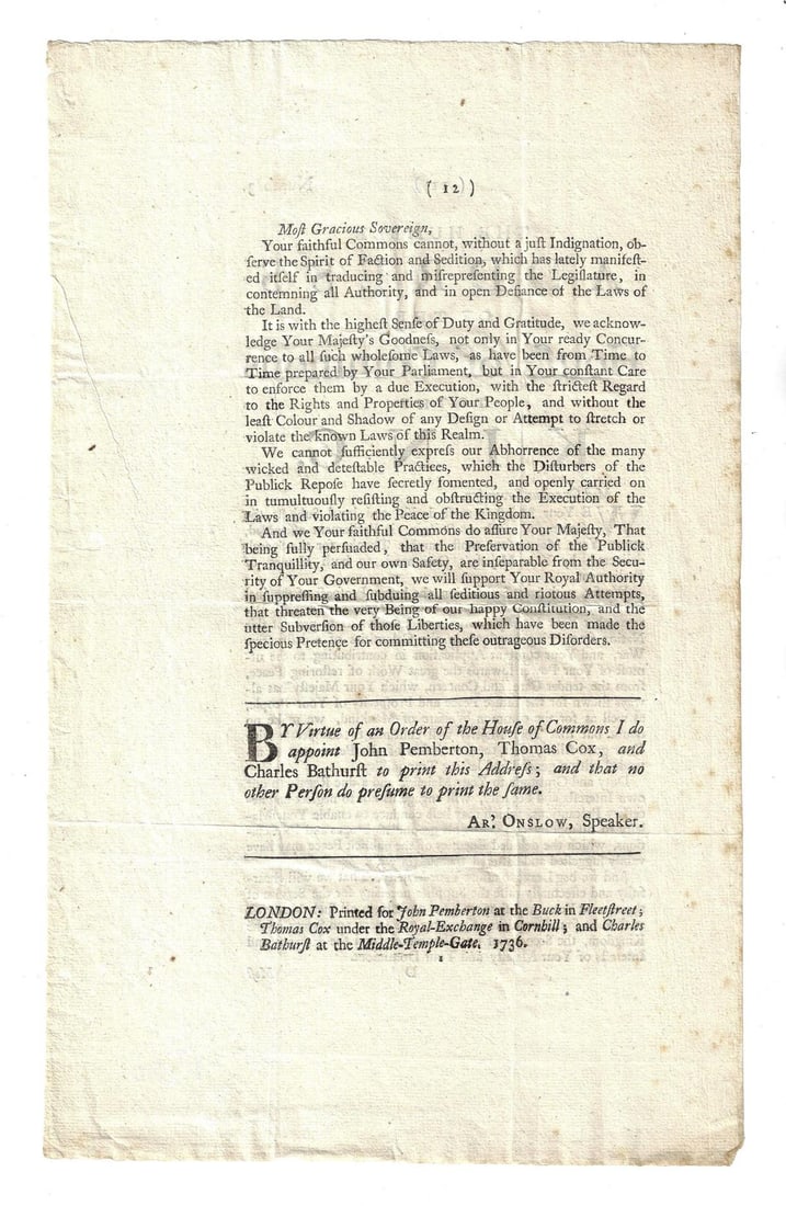1736 Address House of Commons to King - 2