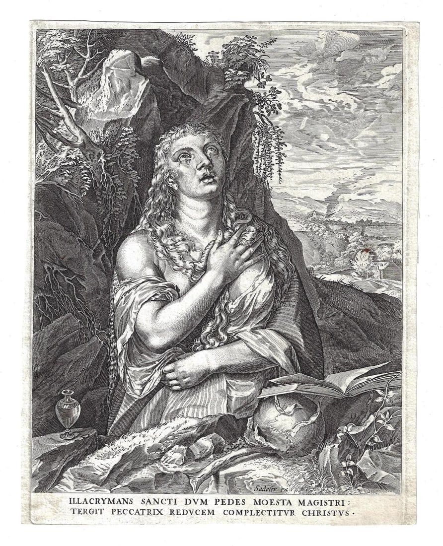 1620 Engraving Saint Mary Magdalene in Penitence: Title: 1620 Engraving Saint Mary Magdalene in Penitence Additional Information: St Mary Magdalene in penitence in the wilderness, half-length with arms crossed across breast looking upwards; a