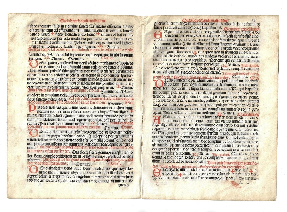 1567 Catholic Ritual Leaves Baptism: Title: 1567 Catholic Ritual Leaves Baptism Additional Information: Two leaves from "Sacerdotale ad consuetudinem Sacro Sancte", printed at Venice by Petrus Liechtenstein, 1567. Printed in red and