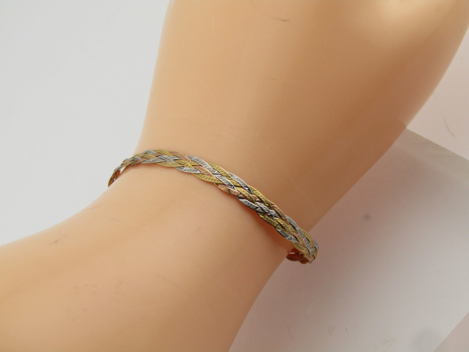 Vintage 14kt Tri Color Herringbone Bracelet . Triple Strand, 7", 1980's-1990's - 6