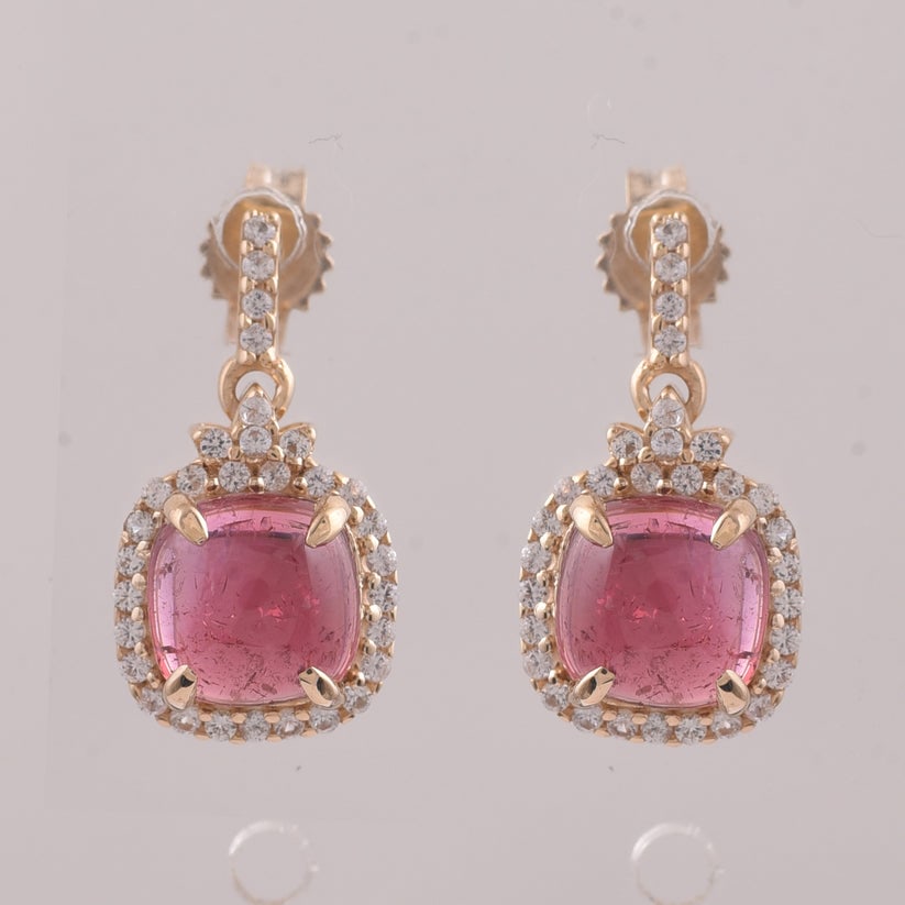 2.60 Ct Cushion Tourmaline 9K Gold Earrings: 2.60 Total Carat Tourmaline 9K Gold Earrings Specifications: Total Weight 1.865 g Center Gemstone Tourmaline Gemstone Carat Weight 2.33 Carats Gemstone Measurements 6X6 mm Additional Gemstones White S