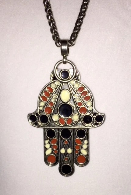 New Authentic Theodora & Callum Antique Silver Red Hamsa Necklace: Title:New Authentic Theodora & Callum Antique Silver Red Hamsa Necklace Description:Length 30" extension 2.5"; drop length 4", width 2.5" depth 0.25". Color: silver Froo www.froo.com | Froo Cross Sell
