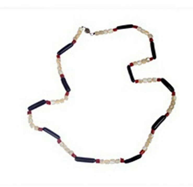 Black Coral Mother of Pearl Shell and Red Coral Beaded Necklace: Title:Black Coral Mother of Pearl Shell and Red Coral Beaded Necklace Description:Art Deco Sterling Silver Filigree Hand Carved Red Coral, Mother of Pearl, and Black Coral Beaded Necklace. Circa 1930'