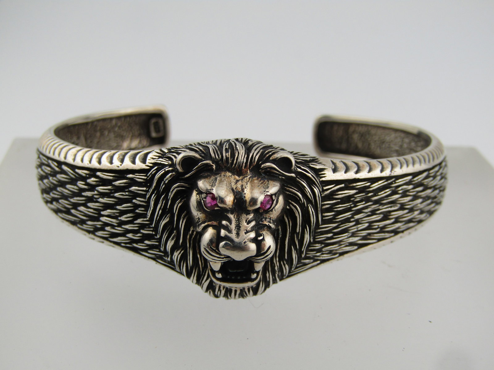 Sterling Lion Cuff Bracelet, Ruby Eyes, 7.25" - 2