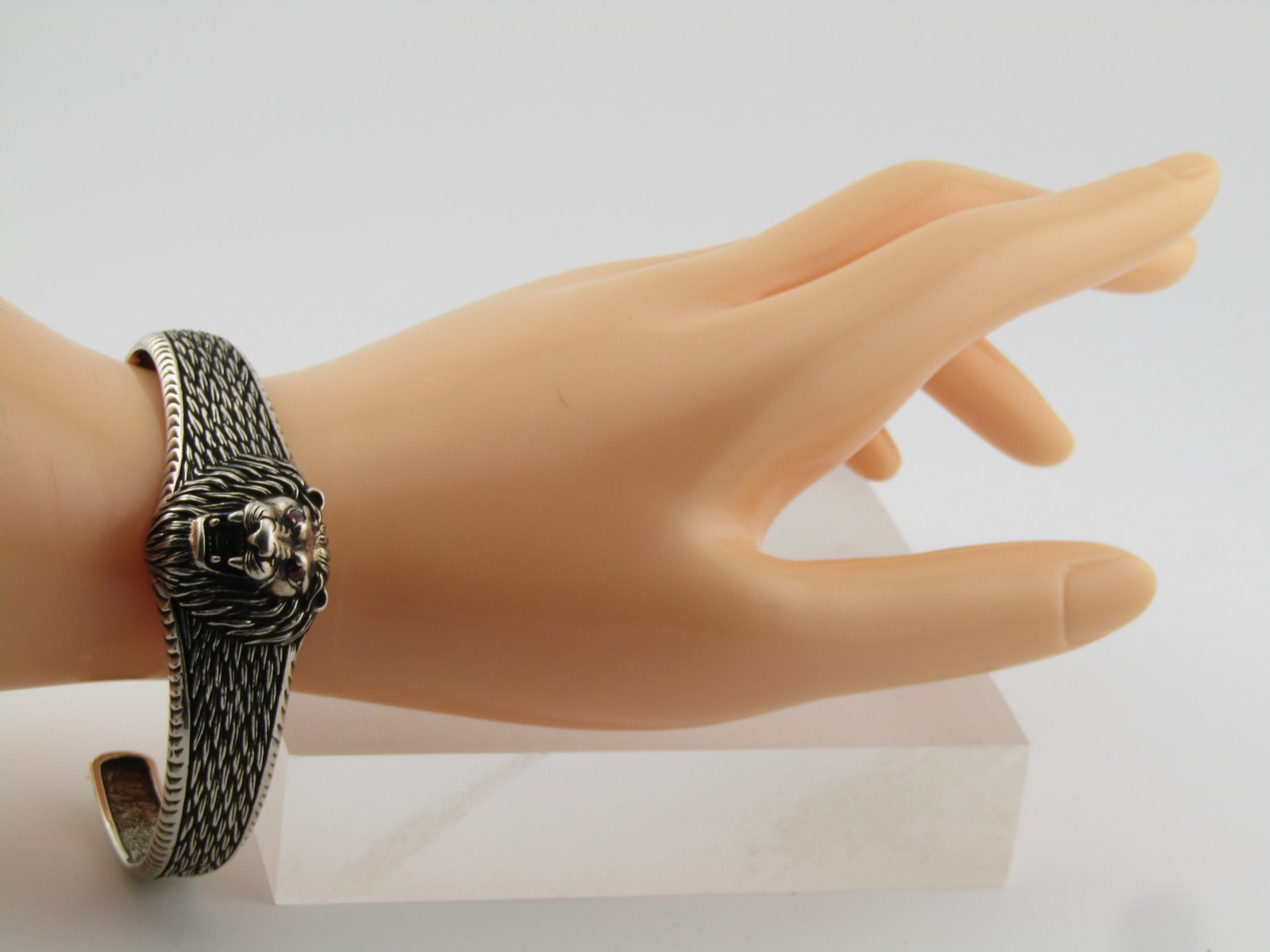 Sterling Lion Cuff Bracelet, Ruby Eyes, 7.25" - 7