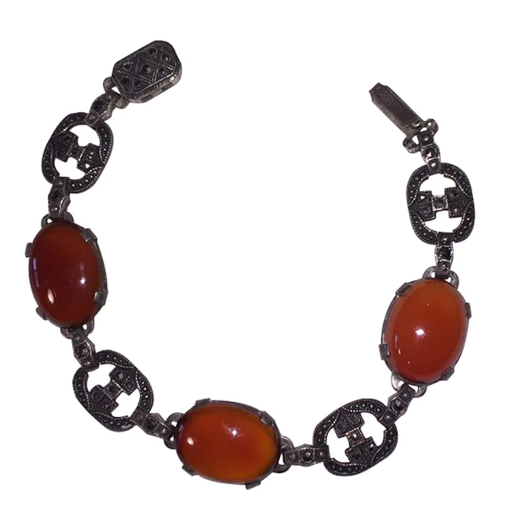Art Deco Sterling Silver Marcasite Carnelian Cabochon Bracelet - 2