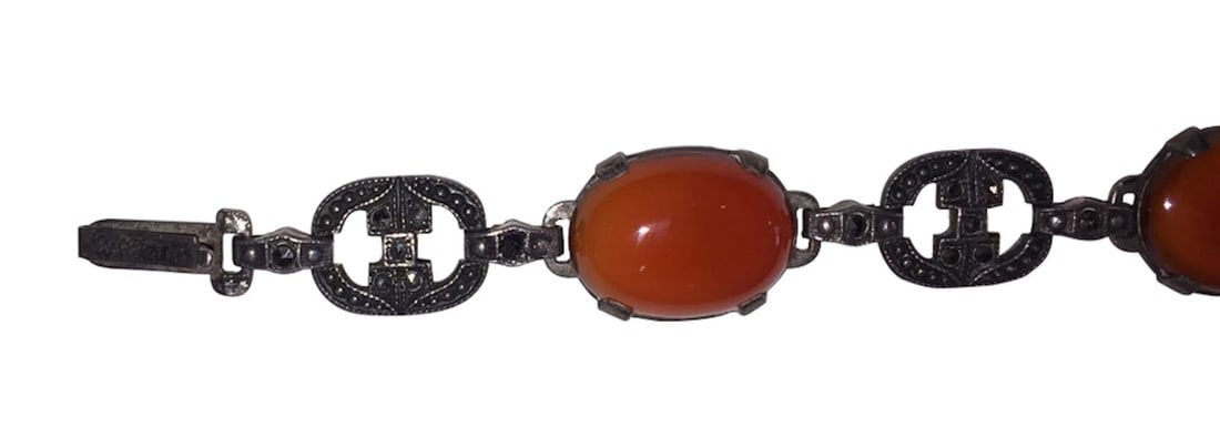 Art Deco Sterling Silver Marcasite Carnelian Cabochon Bracelet - 6