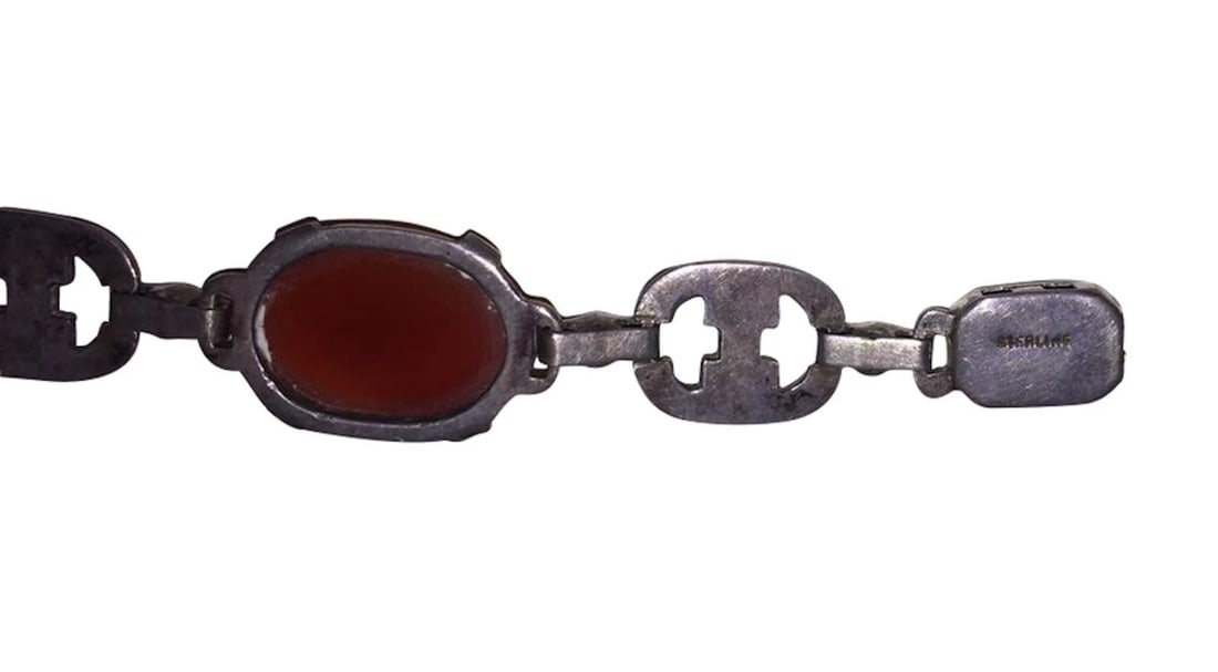 Art Deco Sterling Silver Marcasite Carnelian Cabochon Bracelet - 7