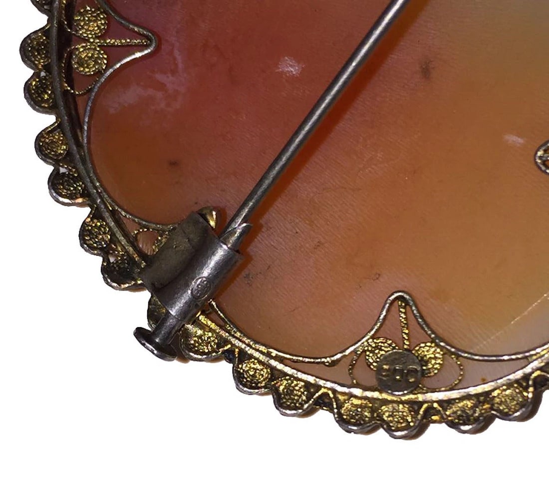 Sterling Silver 14 kt Gold Vermeil Filigree Woman's Profile Shell Cameo Necklace - 6