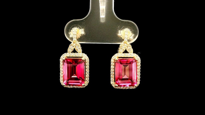 6.76 Ct Octagon Pink Topaz 9K Gold Earrings - 4