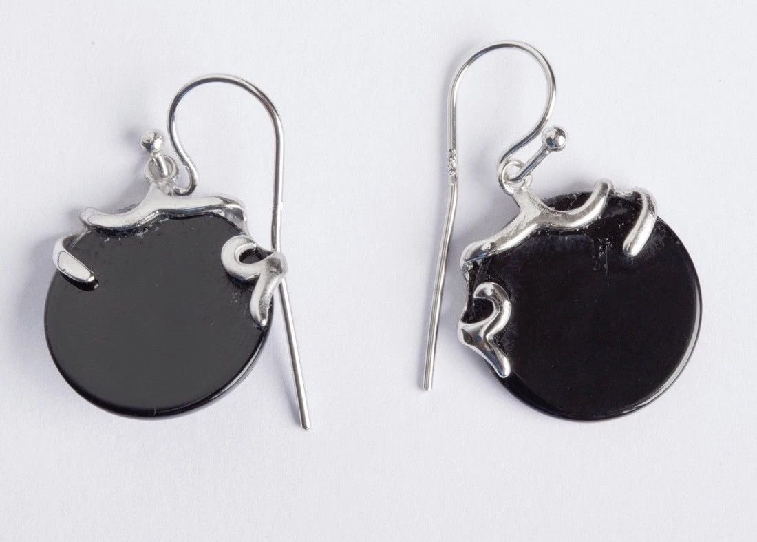 Sterling Silver Oval Black Onyx Disc Earrings - 2